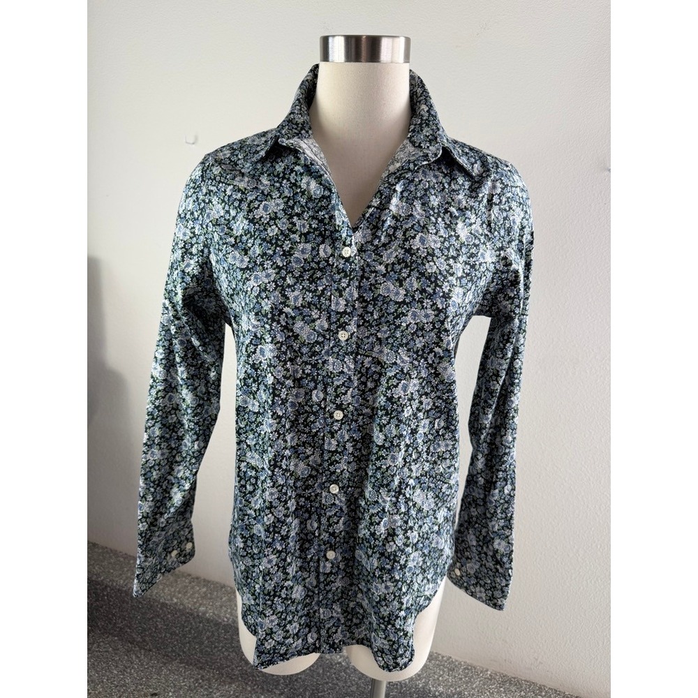 Chaps Womens Medium Blue Floral No Iron Button Up Shirt Long Sleeve Blouse
